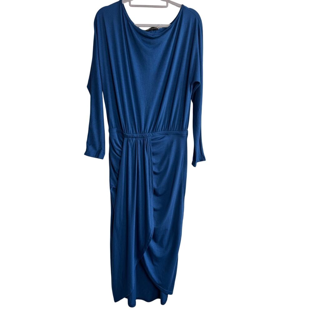 Prettygarden Blue Midi Dress NWT Draped Wrap Slit Stretch Long Sleeve L Comfort